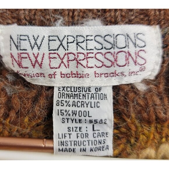 New Expressions 80's Vintage Bobbie Brooks Large Sweater Brown Yellow Wool Blend - Picture 3 of 6